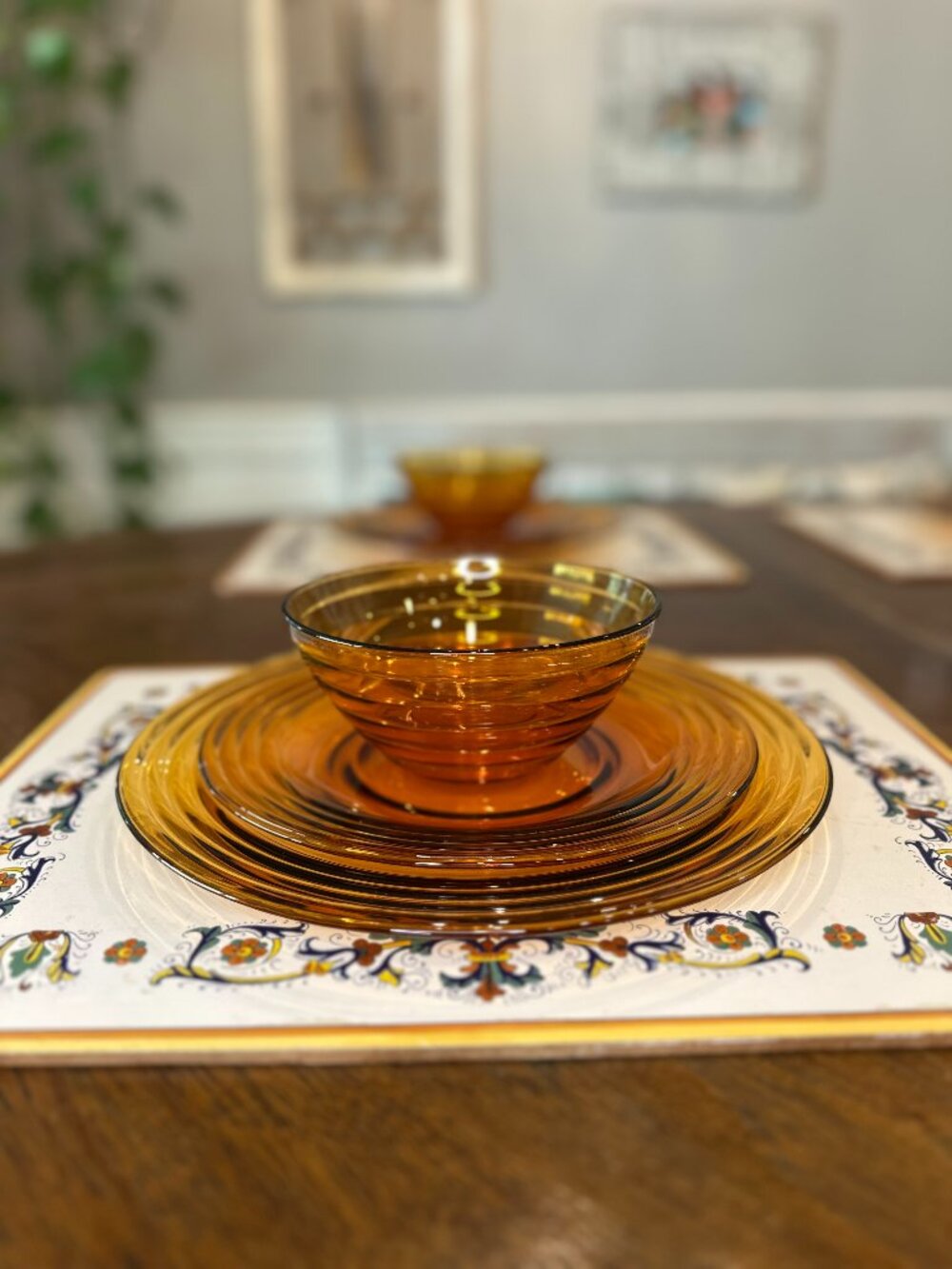 vintage Duralex France amber tempered glass set of 4 bowls, salad plates, dinner